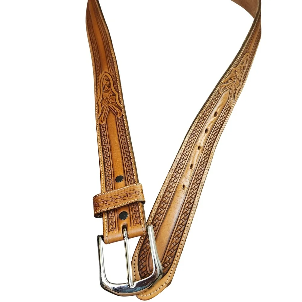 Vtg Justin Top Grain Cowhide Leather Belt Tooled Basketweave Western Size 42 USA